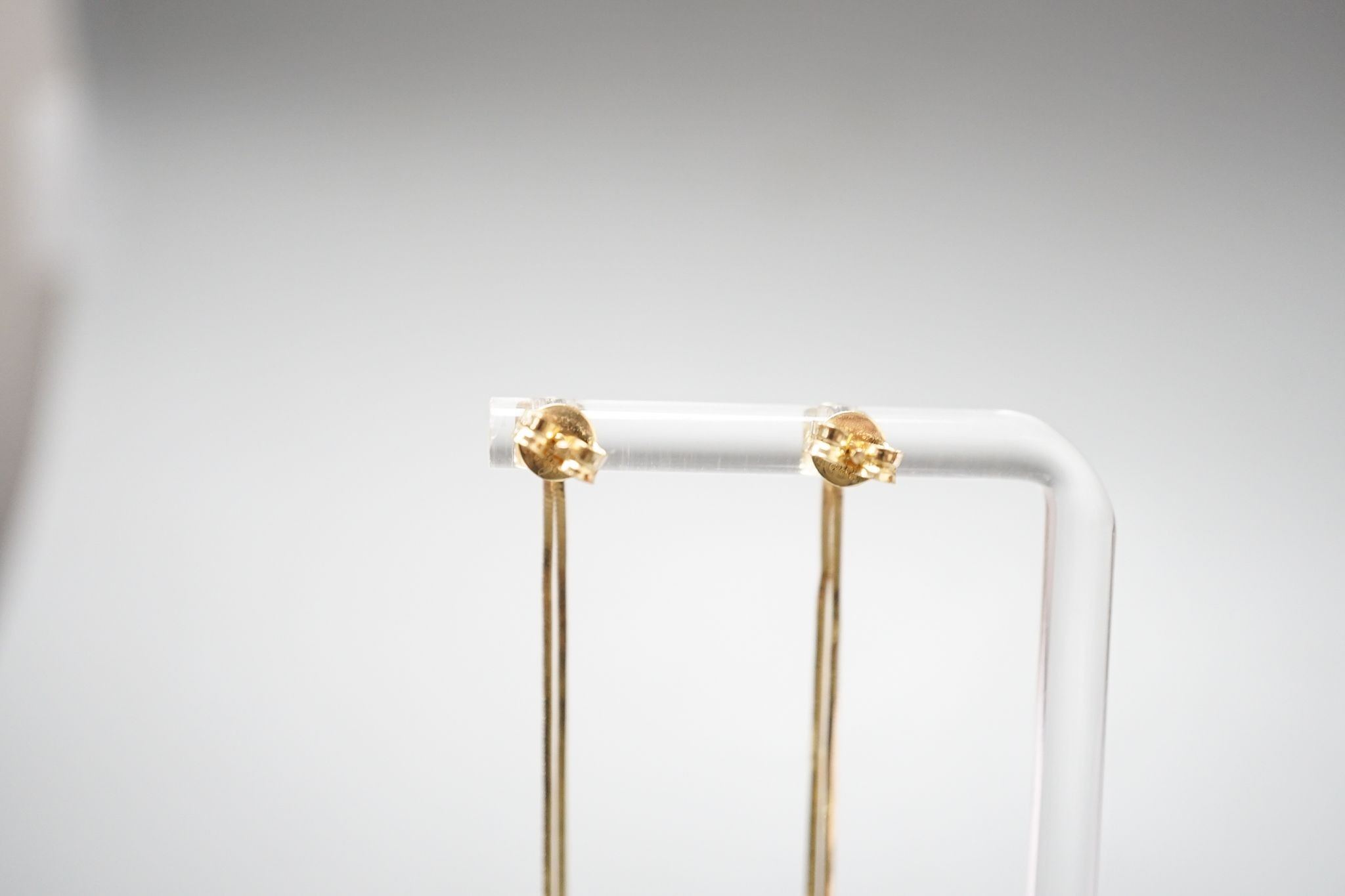 A pair of 585 yellow metal and white stone set tassel drop earrings, gross 4 grams